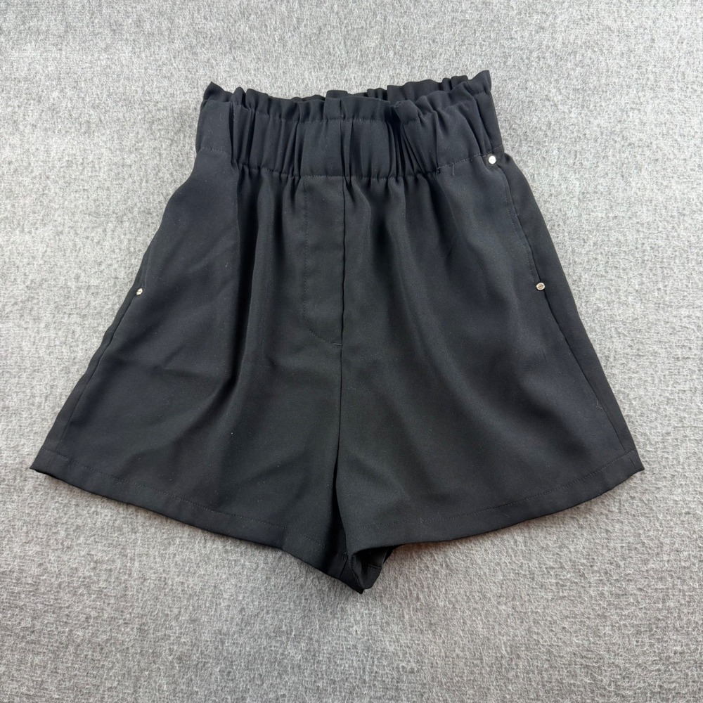 H&M Shorts Women Size 2 Black Paperbag High Waist Elastic Studded Crepe 07221779